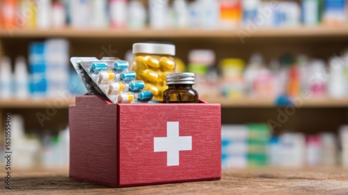 Wallpaper Mural A red first aid kit is open displaying different medicines, including pills and bottles. Torontodigital.ca