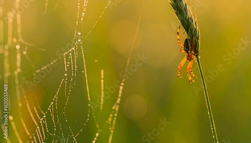 Wallpaper Mural Spider on dew-covered grass stalk at sunrise Torontodigital.ca