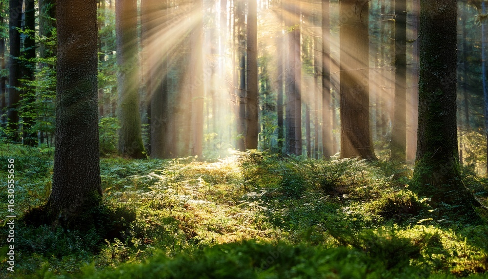 Naklejka premium enchanted forest scene with magical light beams nature photography ethereal atmosphere close up view dreamlike concept