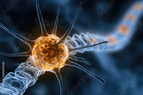 Detailed view of a neuron, highlighted in orange, connected to a chain of axons