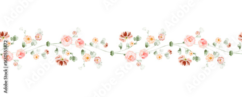 Horizontal seamless border with pink flowers and herbs. Watercolor floral art for greeting cards, stationery, banners, wedding decor, wrapping paper, and botanical designs.