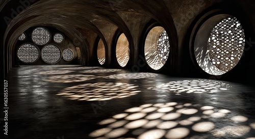 Elegant Interior with Circular Geometric Windows Casting Decorative Shadows in a Warmly Lit Dark Room