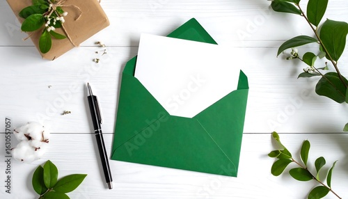 Blank notecard in a green envelope