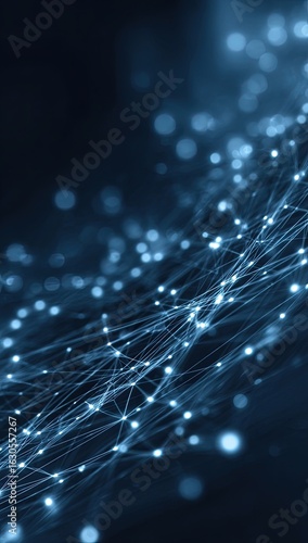 Abstract network design with glowing points and lines, dark blue background.  Soft light and bokeh effect