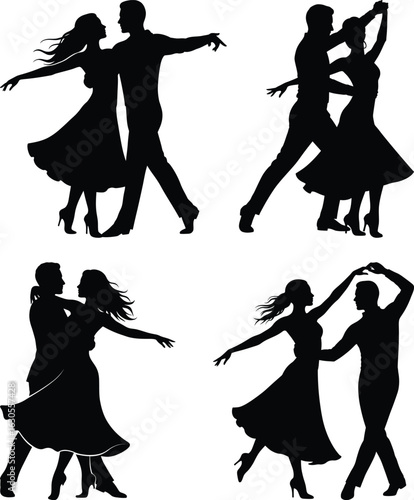 Four silhouettes of couples dancing ballroom or latin dance isolated on white background