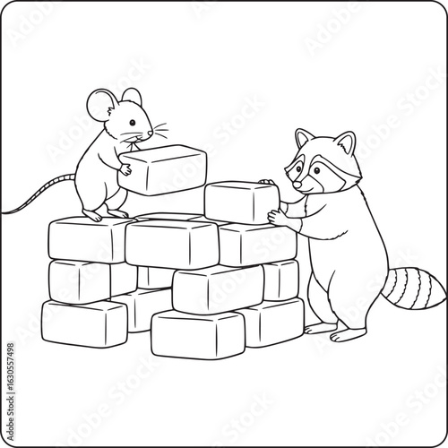 Cute mouse and raccoon building with blocks in black and white cartoon line art for teamwork and creativity kids coloring page