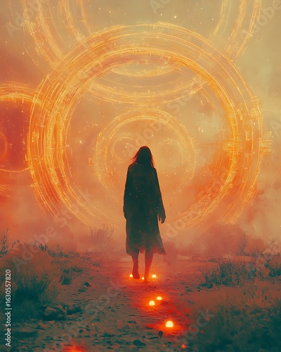A woman walks toward a glowing portal in a surreal, dreamlike landscape