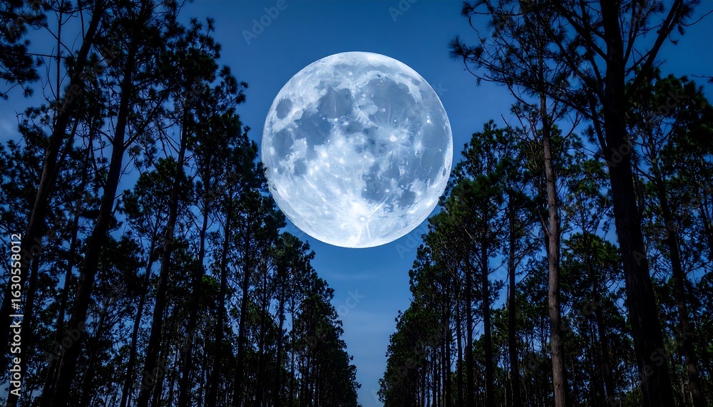 Fototapeta premium Full moon in a pine forest at night