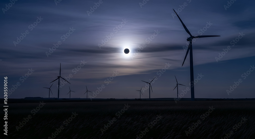 Obraz premium A breathtaking solar eclipse illuminates a silhouetted wind turbine farm generating sustainable energy.