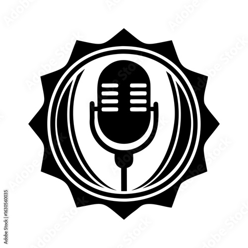 Vintage Microphone Emblem Featuring a Classic Microphone Inside a Decorative Sunburst Circle