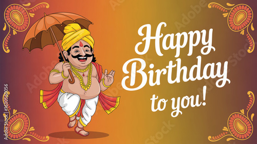 Colorful birthday greeting card with traditional Indian cartoon character, festive umbrella, paisley corners, and vibrant gradient background