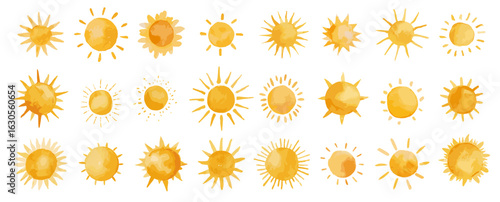 Yellow watercolor suns set. Summer vacation symbol various designs. Weather art, sunshine, sunlight vector decor
