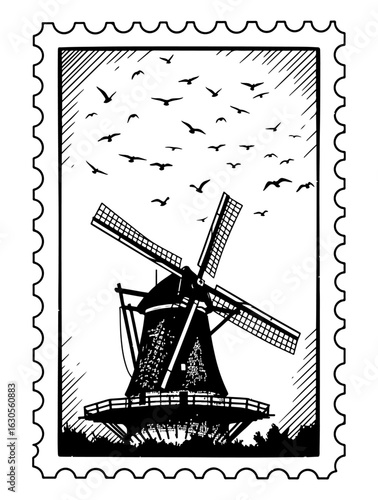 Wallpaper Mural Windmill and Bird Silhouettes on a Postage Stamp Torontodigital.ca