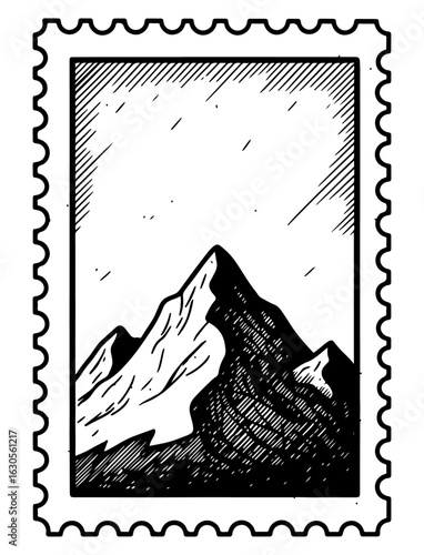 Hand-Drawn Style Stamp of a Mountain Landscape