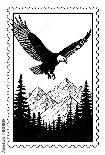Vintage Black and White Stamp Featuring a Bald Eagle Soaring Over Mountain Peaks and Dense Pine Forest