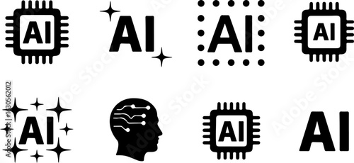 Artificial intelligence AI icon set with chip, brain and machine learning symbols