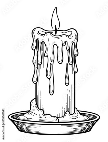 Line Art Illustration of a Candle with Dripping Wax in a Candle Holder