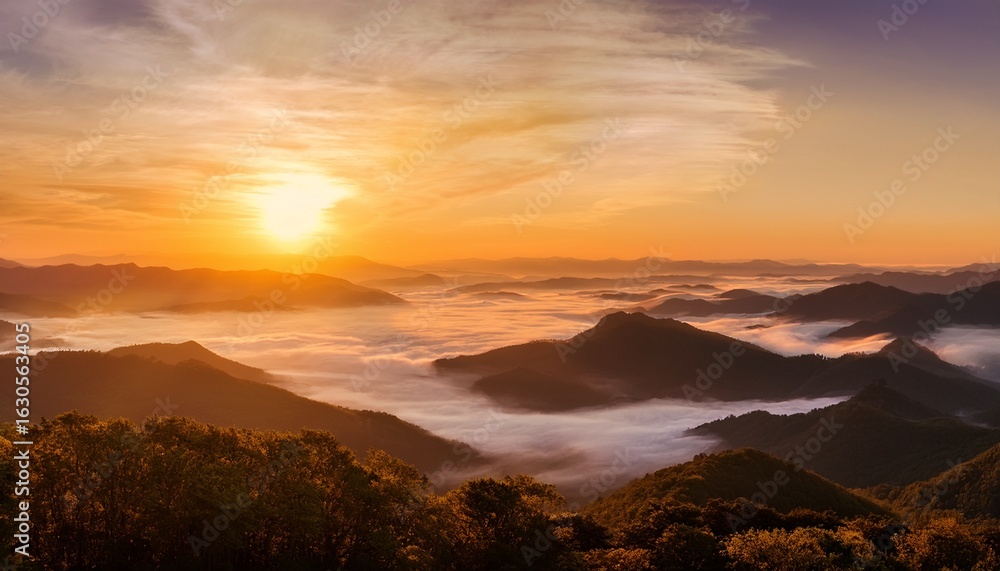 Obraz premium golden sunrise over misty mountain range with rolling hills glowing clouds and layers of fog creating a serene panoramic landscape