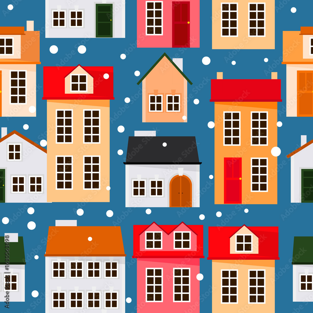 Seamless pattern of European Christmas houses with snow Seamless pattern of European Christmas houses with snow