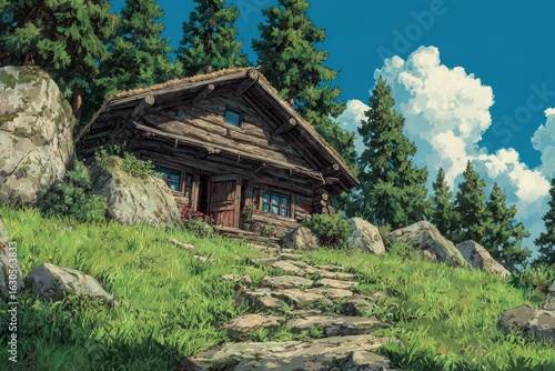 Anime background Rustic cabin retreat logs crackling merrily windows framed by pine trees
