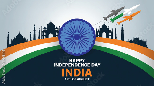 India Independence Day August 15 celebration with Ashoka Chakra, fighter jets, tricolor trails, Taj Mahal, and iconic monuments