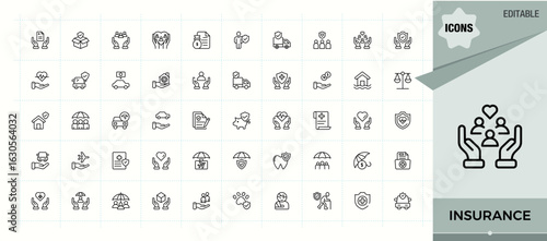Insurance line icon set. Perfect for logos and infographic. It contains symbols to finance, health, protect, risk, life. Editable vector art and illustration. Policy line icon set.