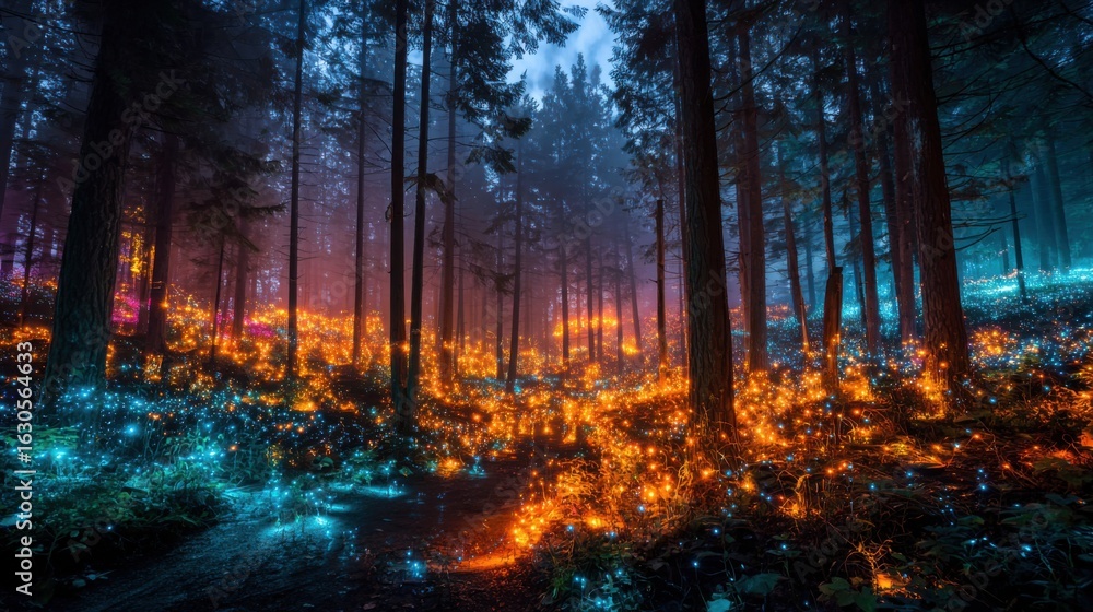 Fototapeta premium The forest is transformed by colorful lights glowing among tall trees, creating a magical atmosphere at twilight. A peaceful path leads into this captivating view.