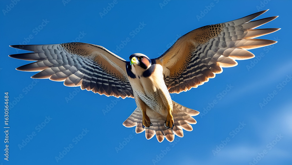 Obraz premium A falcon in flight with wings spread wide soaring through the clear sky for dynamic wildlife visuals 