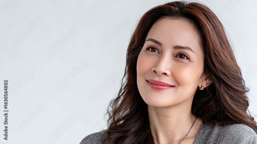 Naklejka premium Beautiful Korean woman with fresh skin and minimal makeup highlighted by soft shadows and natural lighting in a serene setting