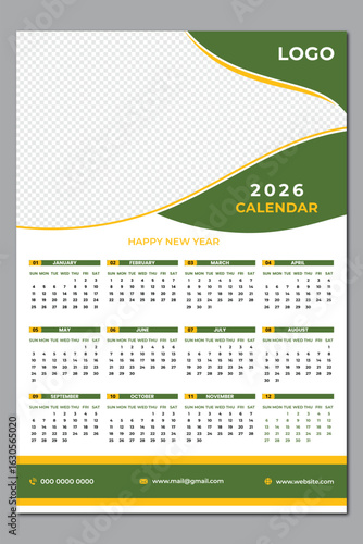 2026 One page wall calendar design template, 12 month one page modern calendar.
