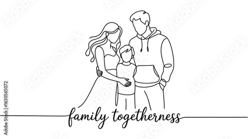  Line Drawing of Family Togetherness — Minimalist Illustration of Two Adults and Child with Tender Gestures and Text Emphasizing Emotional Unity