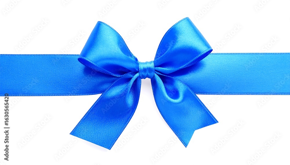 A vibrant blue satin ribbon tied into a neat bow against a stark white background A vibrant blue satin ribbon tied into a neat bow against a stark white background