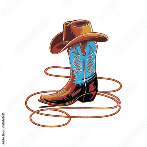 Vector Illustration Frame from rope lasso with cowboy boots and hat in color. Design element for sign, poster, card, banner