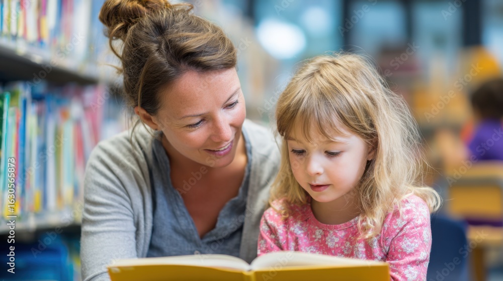 A mother and her young daughter share a joyful moment reading a book together in a vibrant library filled with colorful shelves. They are engaged and smiling. A mother and her young daughter share a joyful moment reading a book together in a vibrant library filled with colorful shelves. They are engaged and smiling.