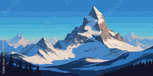 Majestic Snow-Covered Mountain Under Clear Blue Sky — Serene Alpine Landscape with Silhouetted Trees and Crisp Winter Atmosphere 