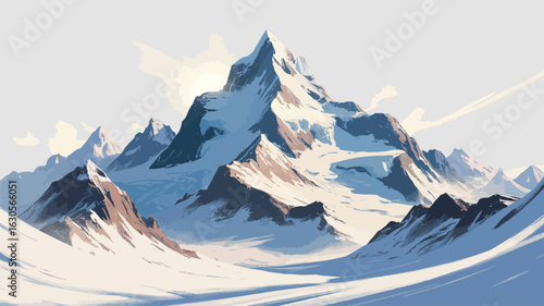  Sunlit Snow-Covered Mountain Range — Majestic Peaks Under Clear Sky with Forest Silhouette and Dramatic Light and Shadow Contrast