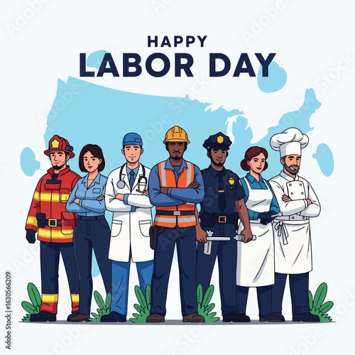 Adobe Illustrator Artwork of honoring the American workforce this USA Labor Day. A diverse group of essential workers stand united before a patriotic American flag map, symbolizing national pride