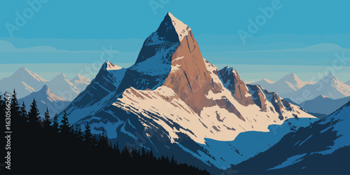 Majestic Snow-Capped Mountain under Clear Blue Sky — Scenic Landscape Featuring Tall Peak, Forest Silhouette, and Natural Grandeur