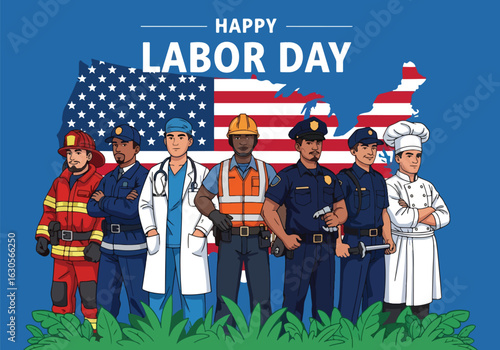 Adobe Illustrator Artwork of honoring the American workforce this USA Labor Day. A diverse group of essential workers stand united before a patriotic American flag map, symbolizing national pride