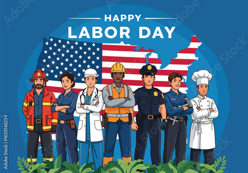 Adobe Illustrator Artwork of honoring the American workforce this USA Labor Day. A diverse group of essential workers stand united before a patriotic American flag map, symbolizing national pride