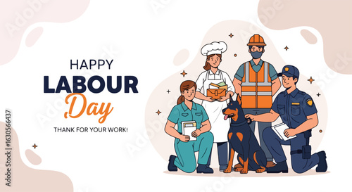Adobe Illustrator Artwork wallpaper banner of Celebrating USA Labor Day: Diverse essential workers like firefighter, doctor, construction worker, police officer & K9 team. Thank you for your work