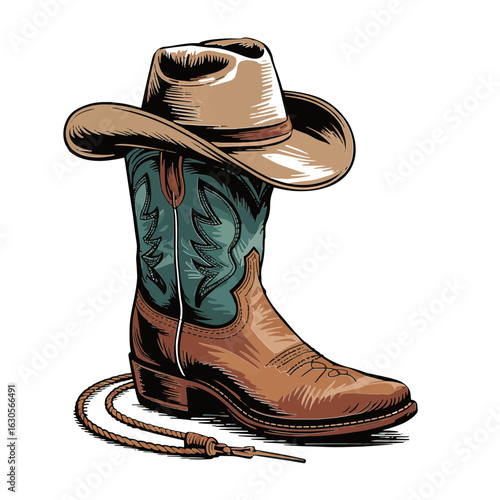 Vector Illustration Frame from rope lasso with cowboy boots and hat in color. Design element for sign, poster, card, banner