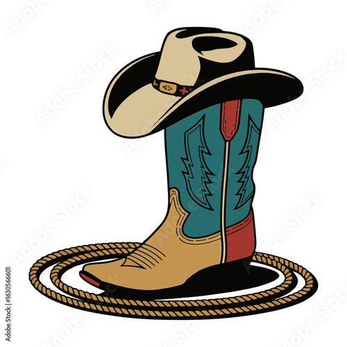 Vector Illustration Frame from rope lasso with cowboy boots and hat in color. Design element for sign, poster, card, banner