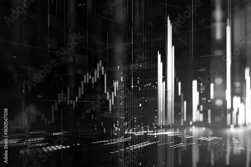 Abstract Digital Artwork of Financial Data and Charts in Black and White