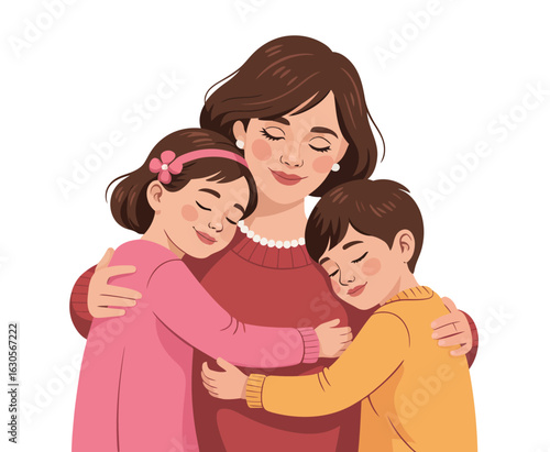  Group Hug of Three Family Members — Warm Illustrated Scene Depicting Love, Support, and Emotional Bond Between Parent and Children