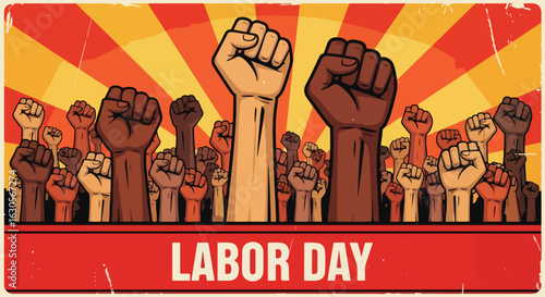 Adobe Illustrator Artwork Poster of A retro illustration with diverse fists raised in unity, celebrating the strength of the workforce on Labor Day