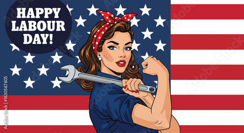 Adobe Illustrator Artwork Happy Labor Day! A classic Rosie the Riveter style illustration of a strong female worker on a patriotic American flag background