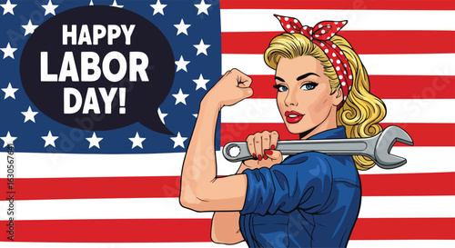 Adobe Illustrator Artwork Happy Labor Day! A classic Rosie the Riveter style illustration of a strong female worker on a patriotic American flag background