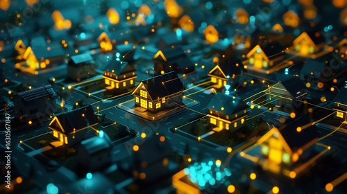 Networked cube homes linked by workstream fibers, representing remote professionals, 2025 trend