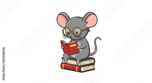 Cartoon mouse wearing glasses sitting on a stack of books and reading a book with a red cover intently